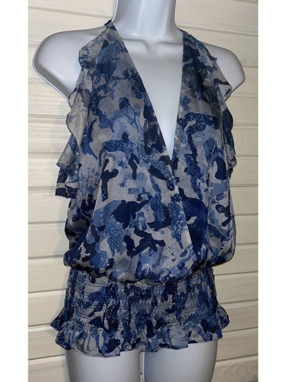 Ramy Brook Sz SMALL Silk Saylor Flutter Sleeve Print Blouse Blue V-Neck EUC